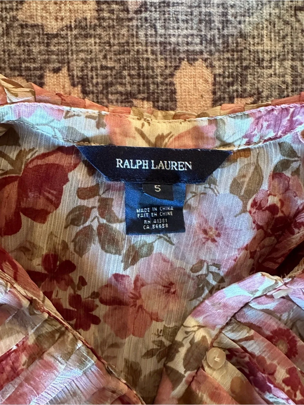 Ralph Lauren Pink & Brown Floral Ruffle Collar Blouse